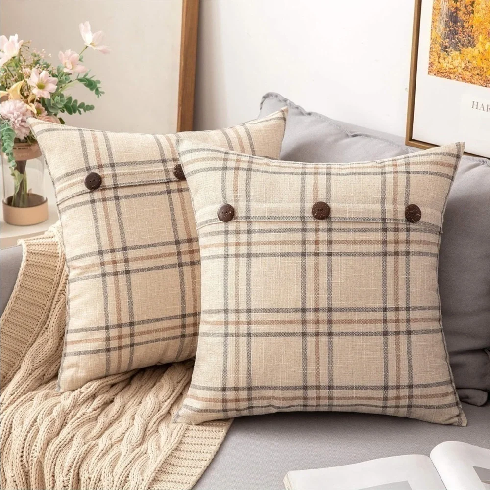 Farmhouse Plaid Linen Tan Cream Striped Button Throw Pillow Soft Decor Cover